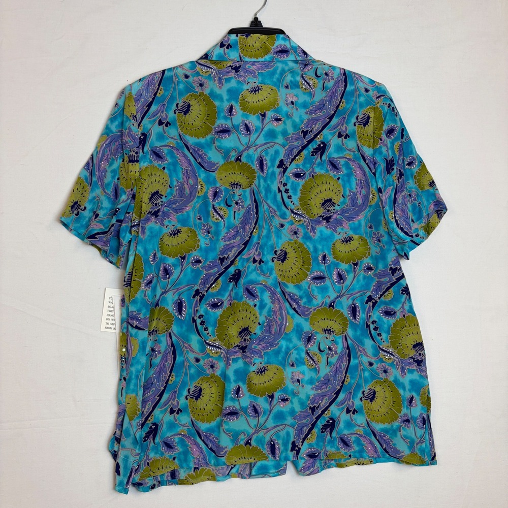 NWT Diane Gilman Silk Sequin Floral Paisley Button Up Shirt Blue Womens Medium - Picture 6 of 6